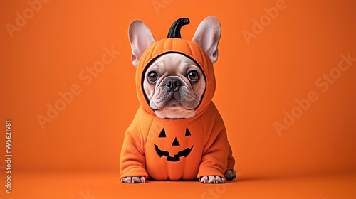 French bulldog dressed as a carved pumpkin Jack-O-Lantern Halloween costume sitting isolated on the orange background. Creative cute dog holiday cosplay. Pet banner for advertising.