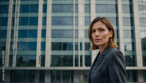 Free Download Confident Businesswoman:  A determined businesswoman stands confidently in front of a modern office building, her gaze fixed on the camera, radiating ambition and professionalism.   - GFXLoad