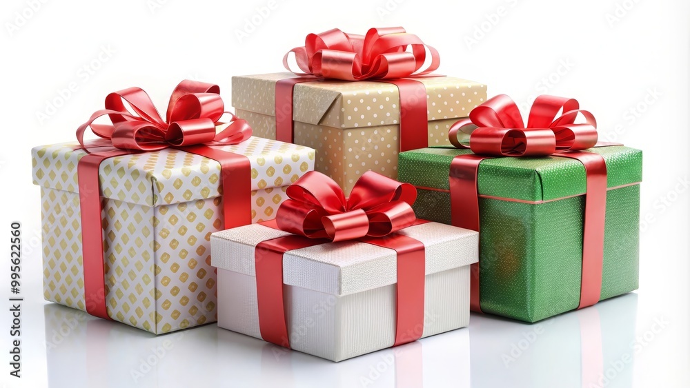 Gift boxes wrapped in colorful paper and tied with silky ribbons are sitting on a white background Gift boxes wrapped in colorful paper and tied with silky ribbons are sitting on a white background