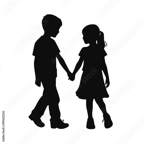 children holding hands - silhouette vector illustration transparent background