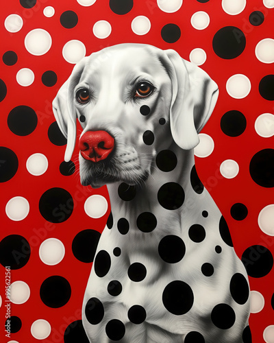 Portrait of Dalmatian with a red nose and dots on its fur against polka dot red and black background. Contemporary trendy pop art close-up of the dog. Pet lovers t-shirt print or wall art. photo