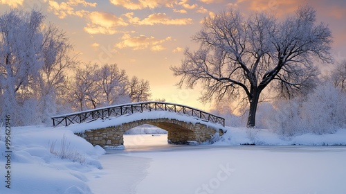 A serene winter landscape featuring a snow-covered bridge over a frozen river, illuminated by a colorful sunset.
