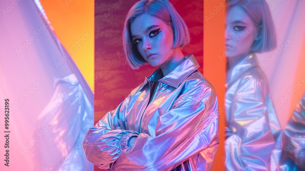 Fototapeta premium Stylish young woman with short blonde hair, wearing an iridescent jacket, neon pink makeup, posing confidently against a vibrant, gradient background.