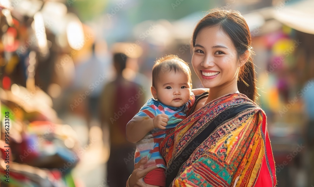 Smiling woman holding a baby in a busy market. Smiling woman holding a baby in a busy market.