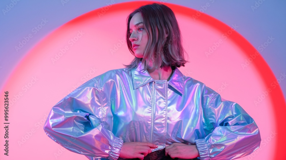 Stylish young woman with short blonde hair, wearing an iridescent jacket, neon pink makeup, posing confidently against a vibrant, gradient background. Stylish young woman with short blonde hair, wearing an iridescent jacket, neon pink makeup, posing confidently against a vibrant, gradient background.