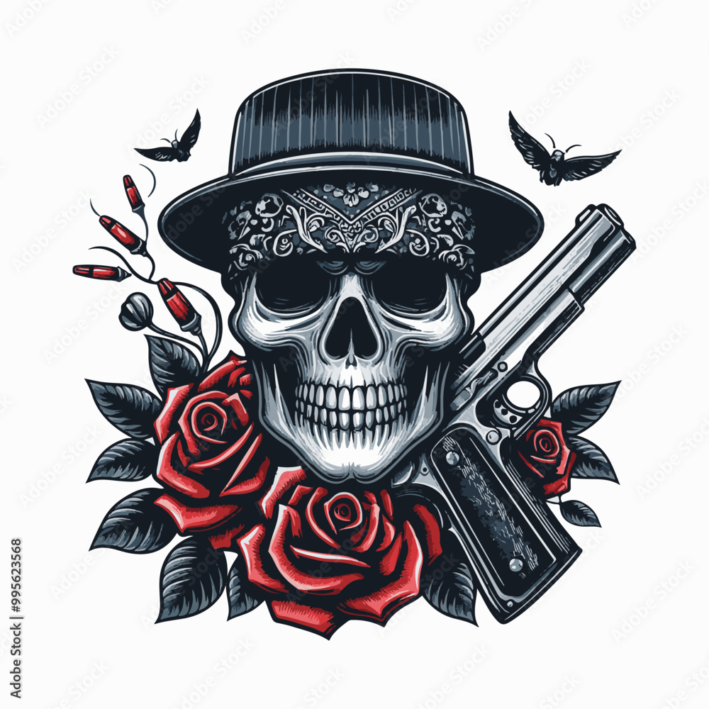 Fototapeta premium Skull Mafia Gangster Wearing Bandana With Gun An Roses T-shirt and logo design