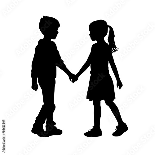 children holding hands - silhouette vector illustration transparent background