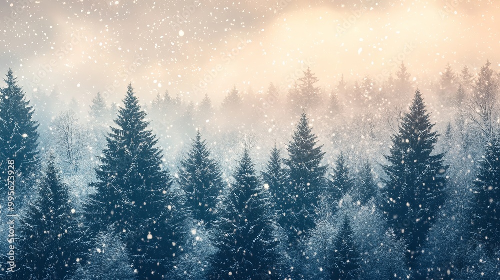 A serene winter landscape featuring snow-covered evergreen trees amidst a soft, atmospheric snowfall. A serene winter landscape featuring snow-covered evergreen trees amidst a soft, atmospheric snowfall.