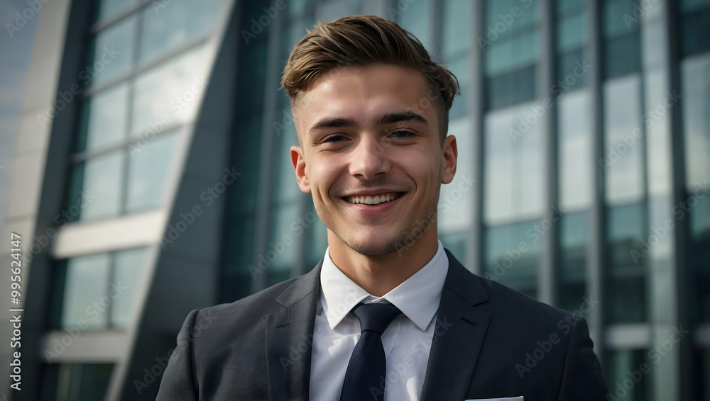 Confident and Ready: A young businessman exudes confidence and ambition as he stands in front of a modern office building, ready to conquer the day. His smile suggests success and optimism. Confident and Ready: A young businessman exudes confidence and ambition as he stands in front of a modern office building, ready to conquer the day. His smile suggests success and optimism.