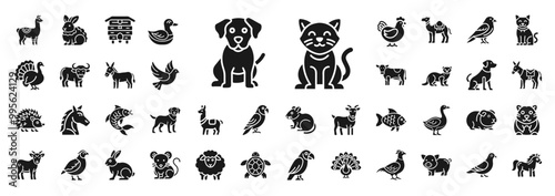 domestic animals glyph icon set, ox llama parrot mule