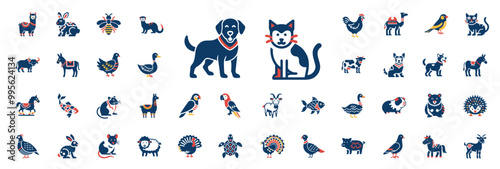 domestic animals icon set flat design blue red orange yellow colors, ox mule menagerie
