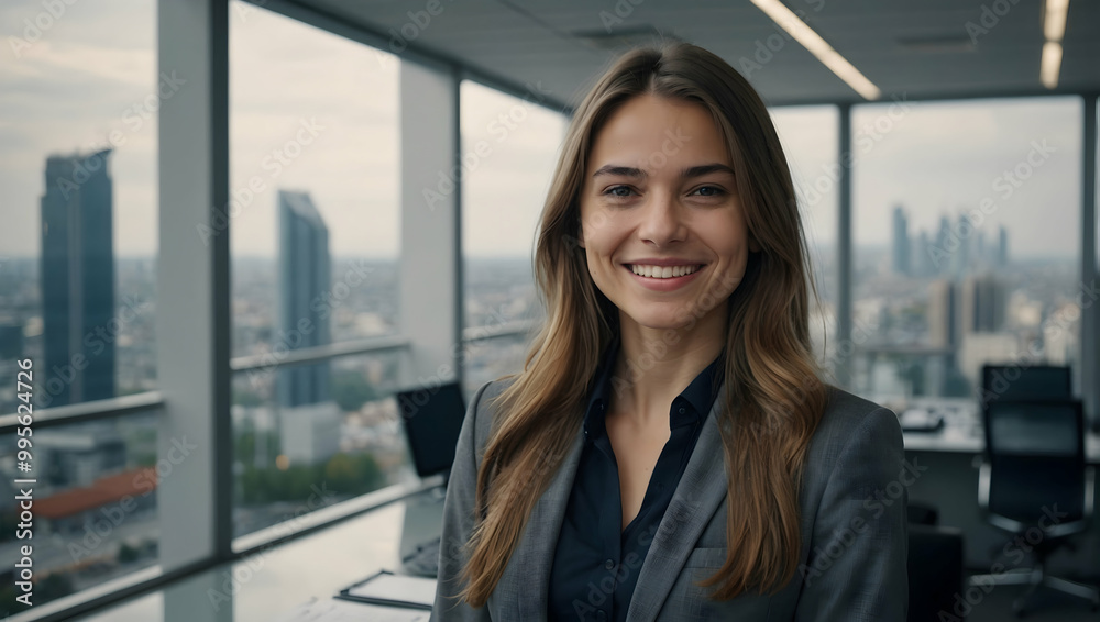 Confident and Driven: A young businesswoman exudes confidence and determination, standing tall in her modern office with a breathtaking cityscape backdrop. Confident and Driven: A young businesswoman exudes confidence and determination, standing tall in her modern office with a breathtaking cityscape backdrop.