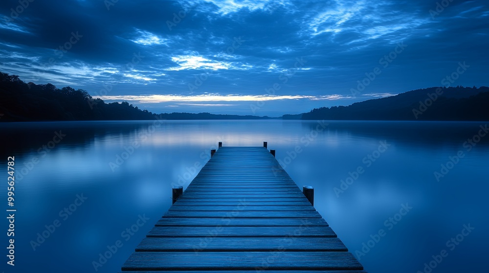 A serene wooden pier extends into a calm lake under a twilight sky, reflecting tranquil blue hues. A serene wooden pier extends into a calm lake under a twilight sky, reflecting tranquil blue hues.