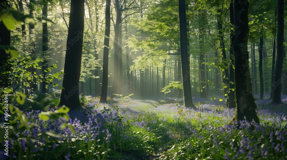 Obraz premium In a serene forest, a vibrant carpet of bluebells flourishes under tall trees with lush green leaves, where sunlight gently filters through.