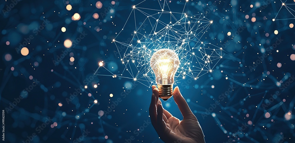 A hand holds a glowing light bulb with a network of lines and dots emanating from it against a dark blue background. A hand holds a glowing light bulb with a network of lines and dots emanating from it against a dark blue background.