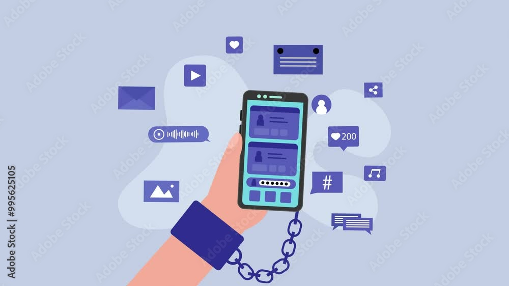 Social media addiction. Human hand with handcuff chained with mobile phone with chat and social media app, notifications