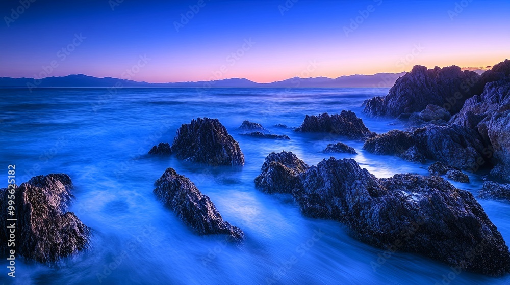 A serene coastal landscape at dusk, featuring rocky formations and gentle waves under a twilight sky. A serene coastal landscape at dusk, featuring rocky formations and gentle waves under a twilight sky.