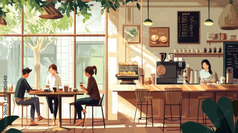 Fototapeta premium Cozy cafe with people enjoying coffee and pastries in cartoon style. Ambiance is inviting and serene