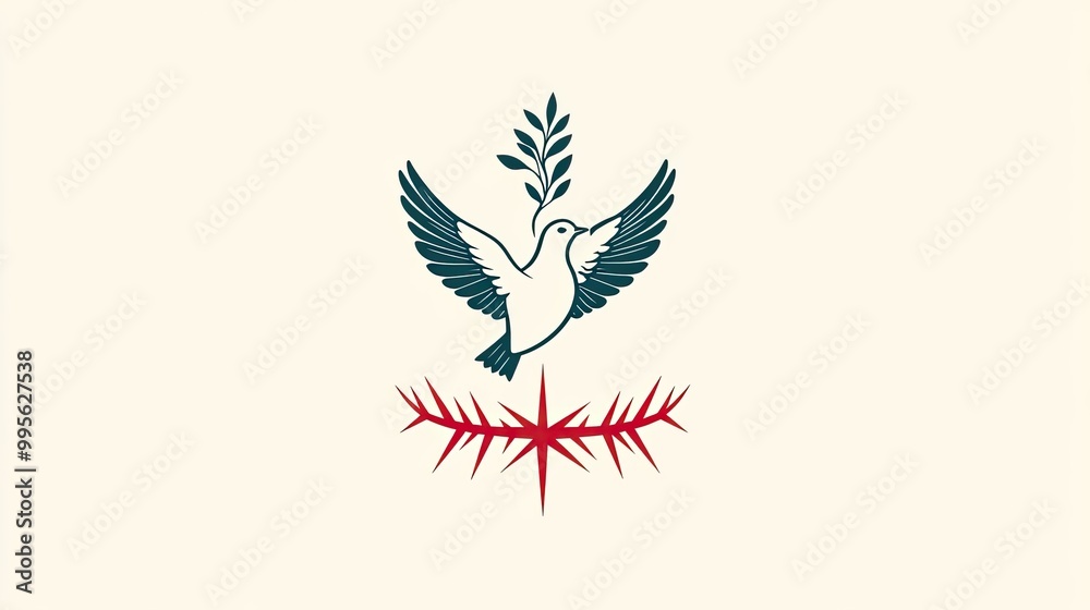 Obraz premium The image features a stylized dove with an olive branch above it, set against a backdrop of red thorns, symbolizing peace and resilience.