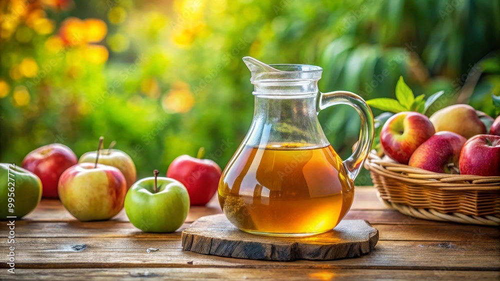 Fresh apple juice is sitting on a wooden table outside with a basket of apples in the background Fresh apple juice is sitting on a wooden table outside with a basket of apples in the background
