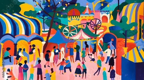 Painting of a Whimsical Carnival with Colorful Rides and Joyful Crowds