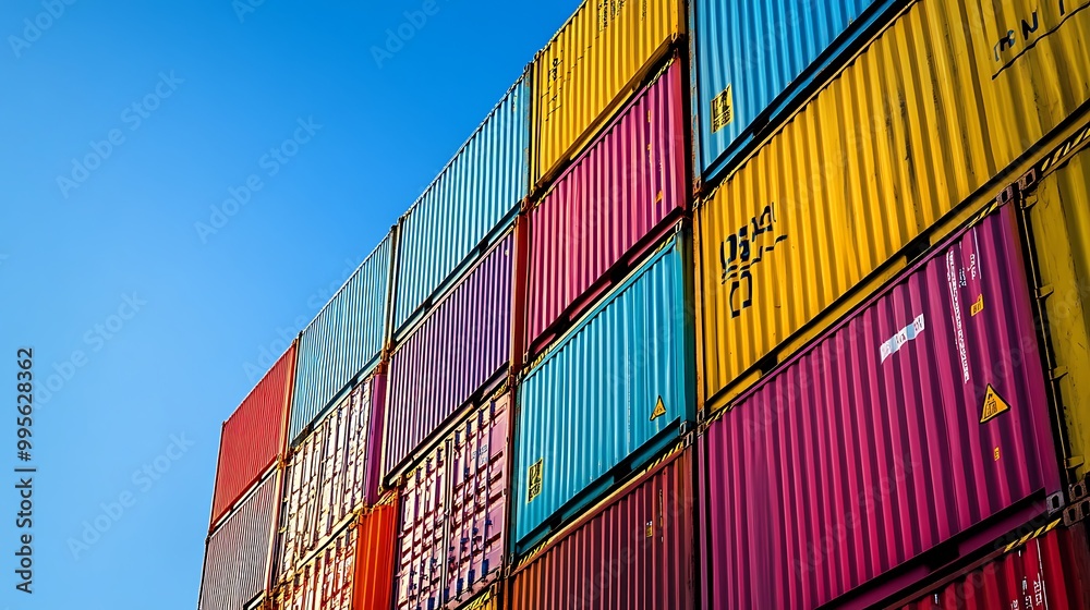 Fototapeta premium cargo containers stacked high against a clear blue sky, with shipping labels and numbers clearly visible, emphasizing their international journey