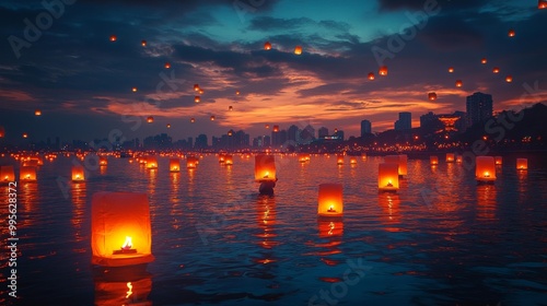 Sky Lanterns Floating Over Water at Sunset Generative AI photo