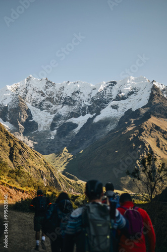 Panoramic View of the Andes in Peru with Hikers Trekking Towards a Glacier