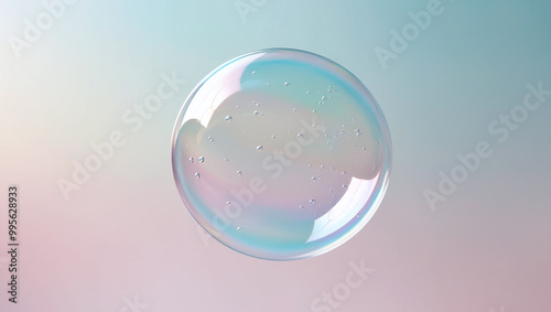 A soap bubble against clean neutral pastel gradient background, drop of liquid or plasma