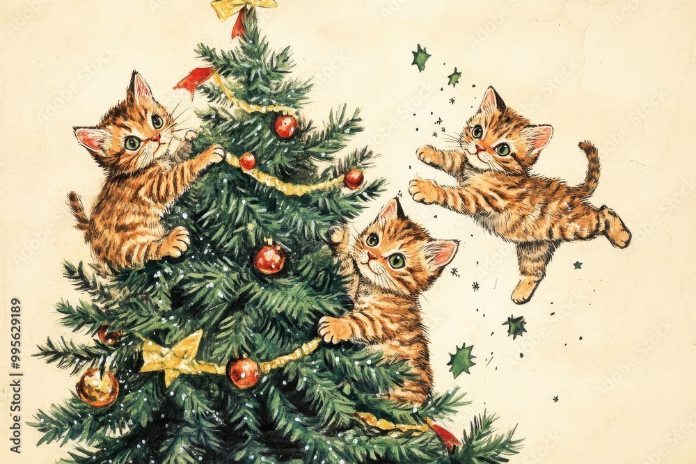 Christmas Tree and Mischievous Kittens Causing Havoc, Climbing and Destroying Ornaments in a Playful Holiday Scene Christmas Tree and Mischievous Kittens Causing Havoc, Climbing and Destroying Ornaments in a Playful Holiday Scene