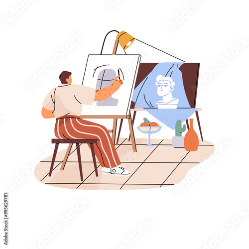 Talented artist drawing head sculpture on easel back view. Creative painter painting artwork indoor. Creation of picture, still life in art class. Flat isolated vector illustration on white background