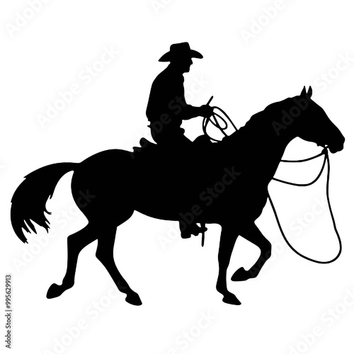 Silhouette of a cowboy on a horse roping cattle, in black, isolated