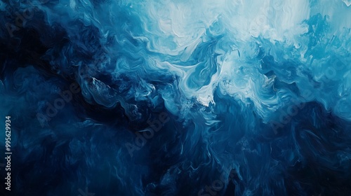 An abstract blue painting blends navy and sky blue, featuring swirling patterns and dynamic depth.