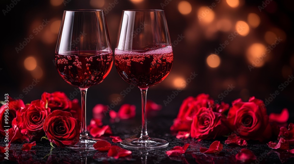 Romantic Glasses of Red Wine with Roses Generative AI Romantic Glasses of Red Wine with Roses Generative AI