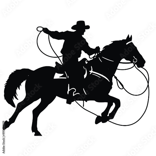 Silhouette of a cowboy on a horse roping cattle, in black, isolated