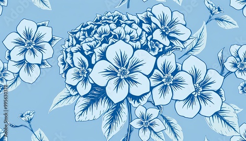 Classic Vintage Botanical Illustration of Blue Hydrangeas - Intricate Floral Design