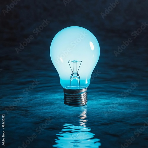 Abstract electric light bulb submerged in water, illuminated with bioluminescent glow, ethereal ambiance, blending nature with technology