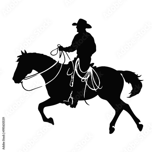 Silhouette of a cowboy on a horse roping cattle, in black, isolated