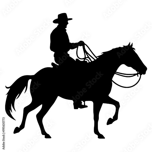 Silhouette of a cowboy on a horse roping cattle, in black, isolated