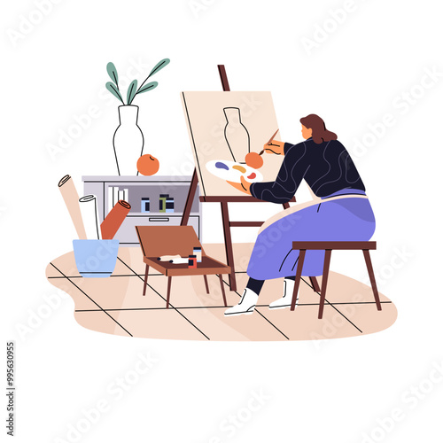 Artist drawing still life of vase in art class back view. Talented painter creates artwork on easel. Creative girl painting picture indoor. Flat isolated vector illustration on white background