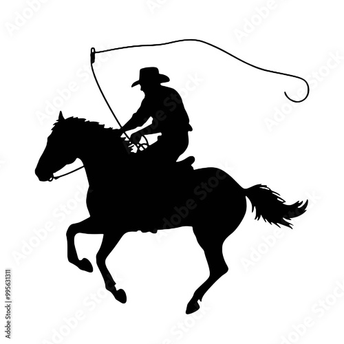 Silhouette of a cowboy on a horse roping cattle, in black, isolated