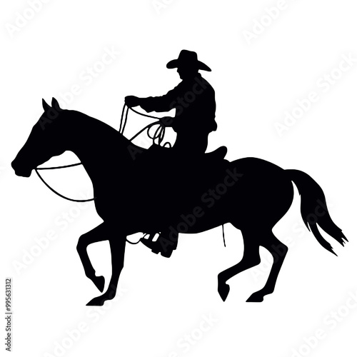 Silhouette of a cowboy on a horse roping cattle, in black, isolated