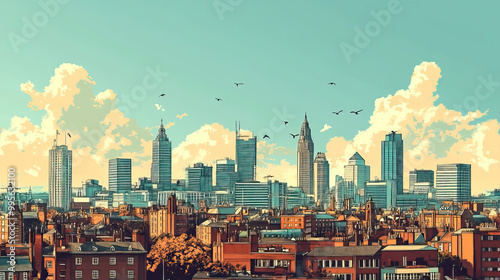 Birmingham, Alabama, color pen pencil hand-drawn effect drawing illustration for travel poster, card, wallpaper, backdrop or banner. Modern, clear, artistic and simple