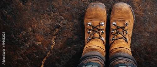 A pair of sturdy brown boots on a rugged surface, perfect for outdoor adventures and exploring nature, background with copy space