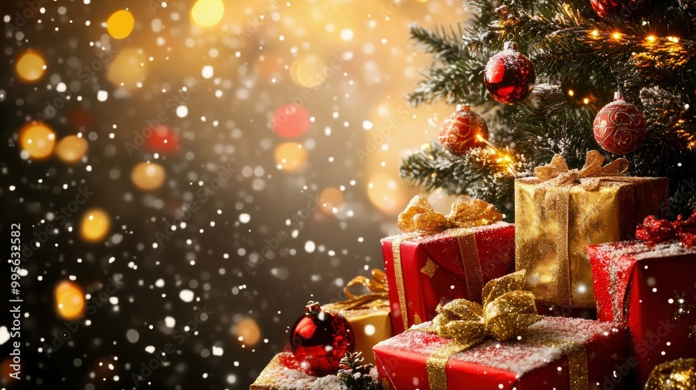 Festive scene with decorated Christmas tree, gift boxes, and snowflakes creating a warm holiday atmosphere. Festive scene with decorated Christmas tree, gift boxes, and snowflakes creating a warm holiday atmosphere.