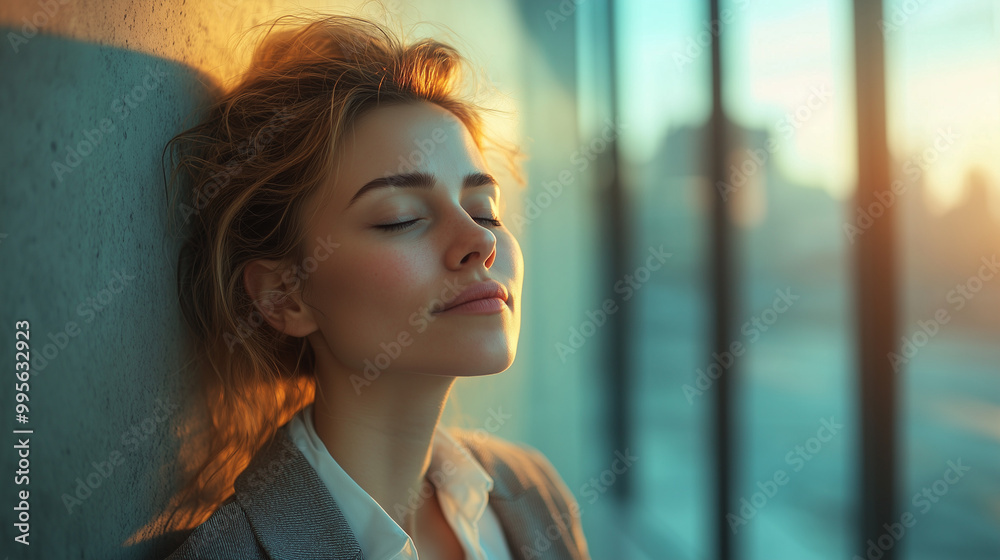 Serene Woman Resting with Closed Eyes Against a glass Serene Woman Resting with Closed Eyes Against a glass