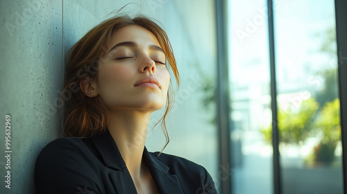 Female worker taking a break, leaning against wall