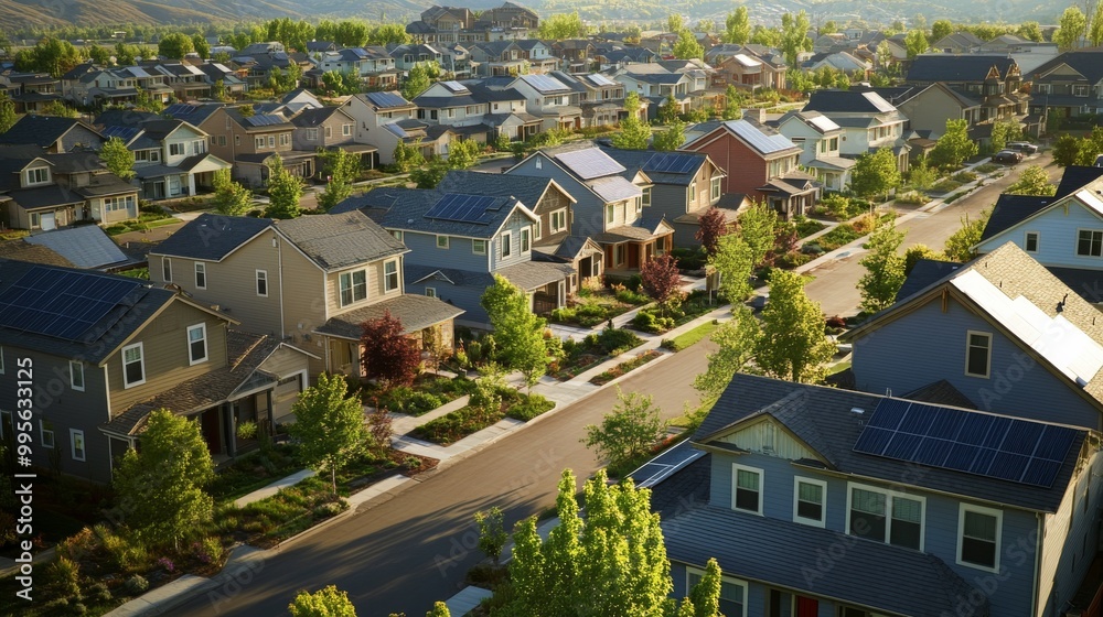Aerial view of a suburban neighborhood featuring modern homes, trees, and organized streets under bright, natural sunlight. Aerial view of a suburban neighborhood featuring modern homes, trees, and organized streets under bright, natural sunlight.