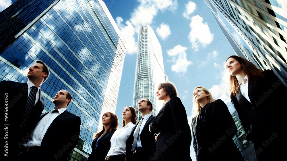 Business people looking up at skyscrapers in the city. Business people looking up at skyscrapers in the city.