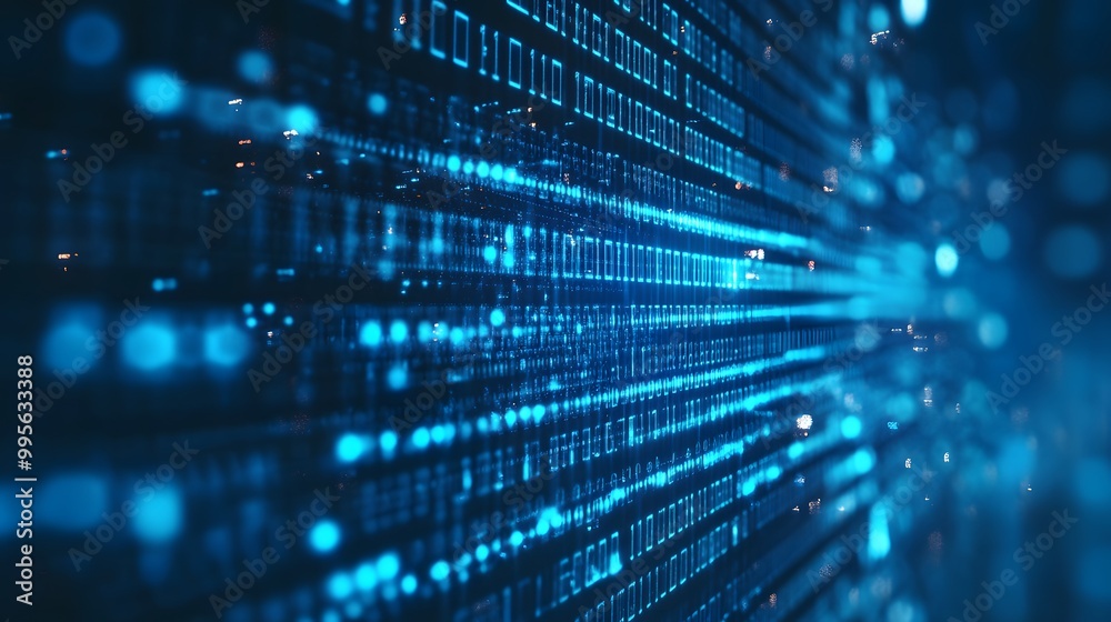 Digital background featuring blue glowing binary code, representing data technology and cybersecurity in a black space Digital background featuring blue glowing binary code, representing data technology and cybersecurity in a black space